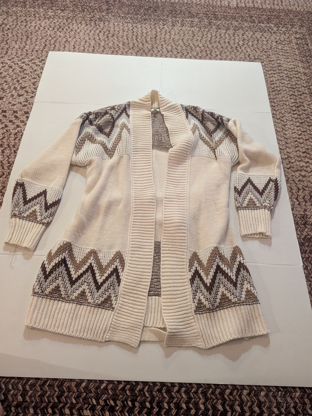 Cream Chevron Open-Front Knit Cardigan with Brown Accents